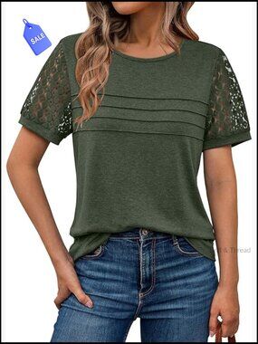 Short Sleeve Lace T-Shirt Blouse Crewneck Stretchy Knit Top